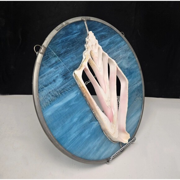 Vintage Stained Glass With Conch Shell Cutout 3D Hanging Hand Crafted Art 11.5" - Picture 7 of 15